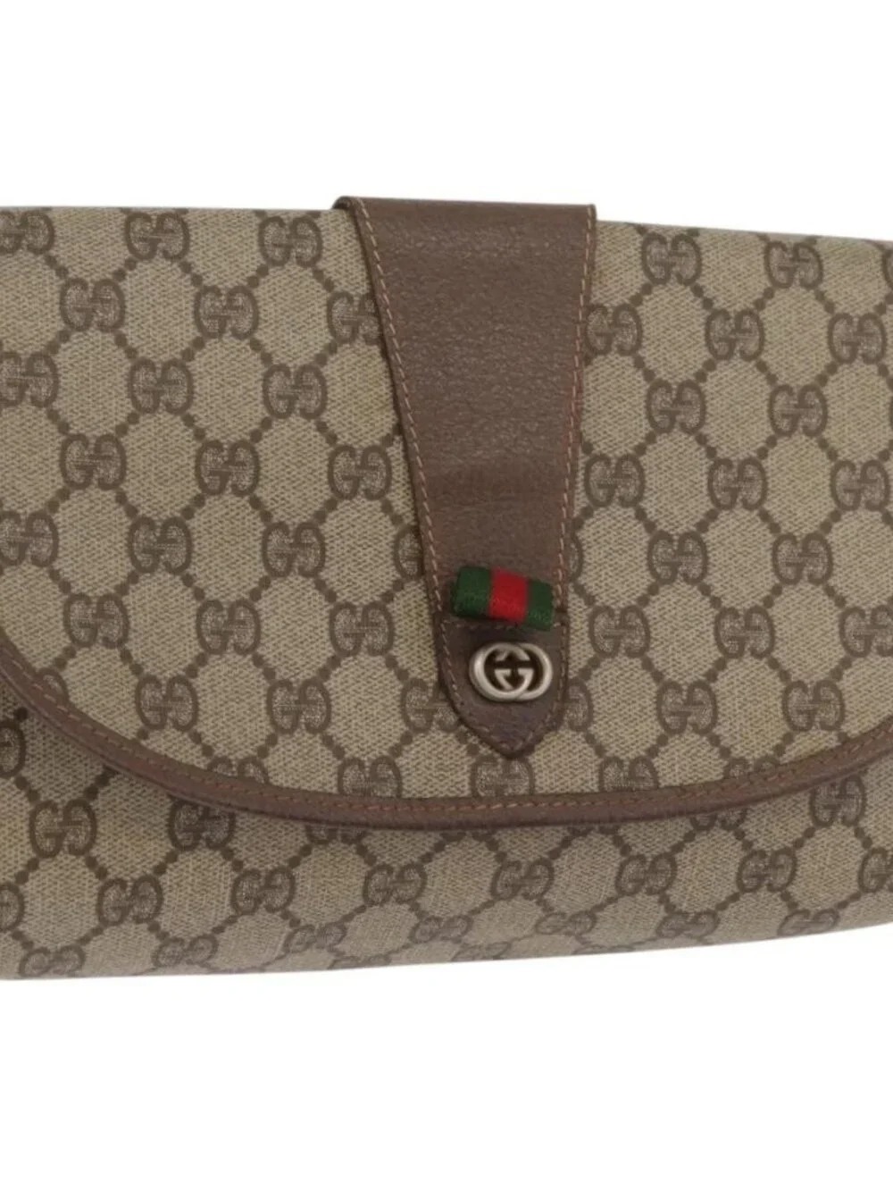 GUCCI GG Supreme Web Sherry Line Clutch Bag PVC Beige Gold Auth 174412
